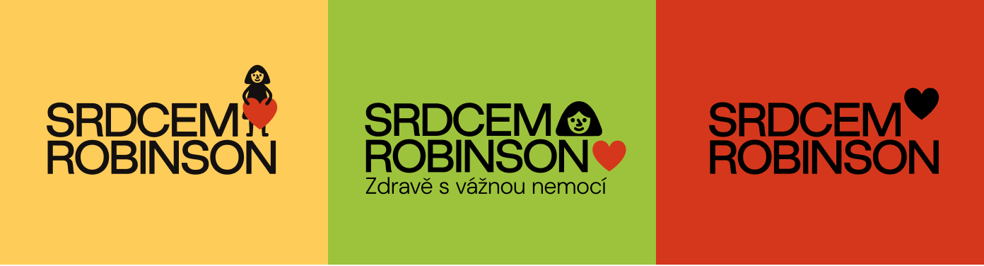 Three logo lockup variants for Srdcem Robinson on yellow, green and red backgrounds