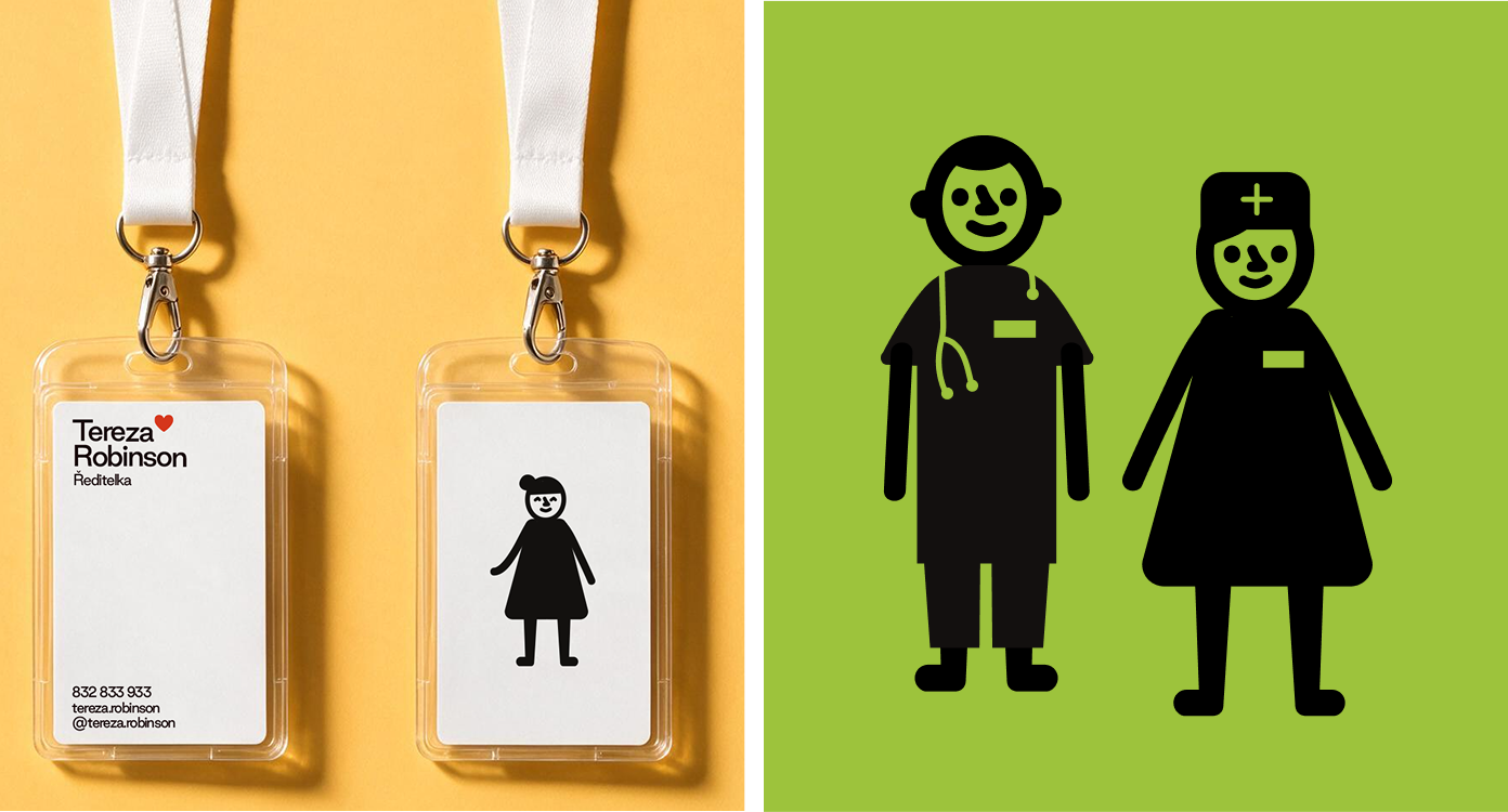 A lanyard ID badge reading 'Tereza Robinson, Ředitelka' beside a black pictogram of a healthcare worker and a nurse on green