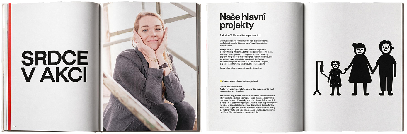 An open book spread titled 'Srdce v akci' with a portrait photo, followed by a second spread listing the organisation's main projects beside a pictogram of a family holding hands