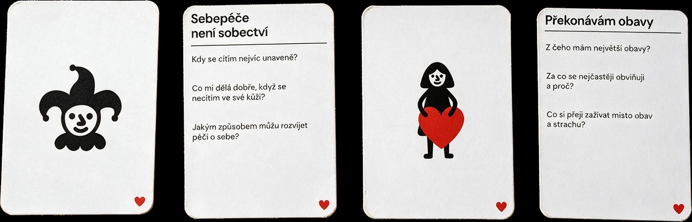 Four white conversation cards from a Srdcem Robinson card deck, illustrated with a jester and a heart-holding figure, with prompts like 'Self-care is not selfishness' and 'Overcoming fears'