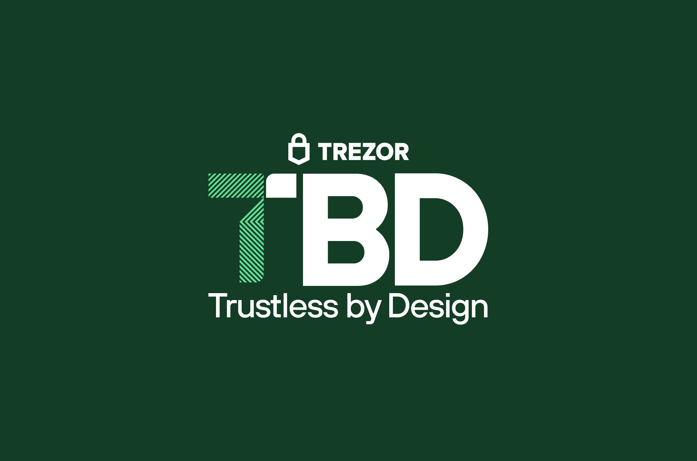 The TBD 'Trustless by Design' logo lockup with the Trezor wordmark, on dark green