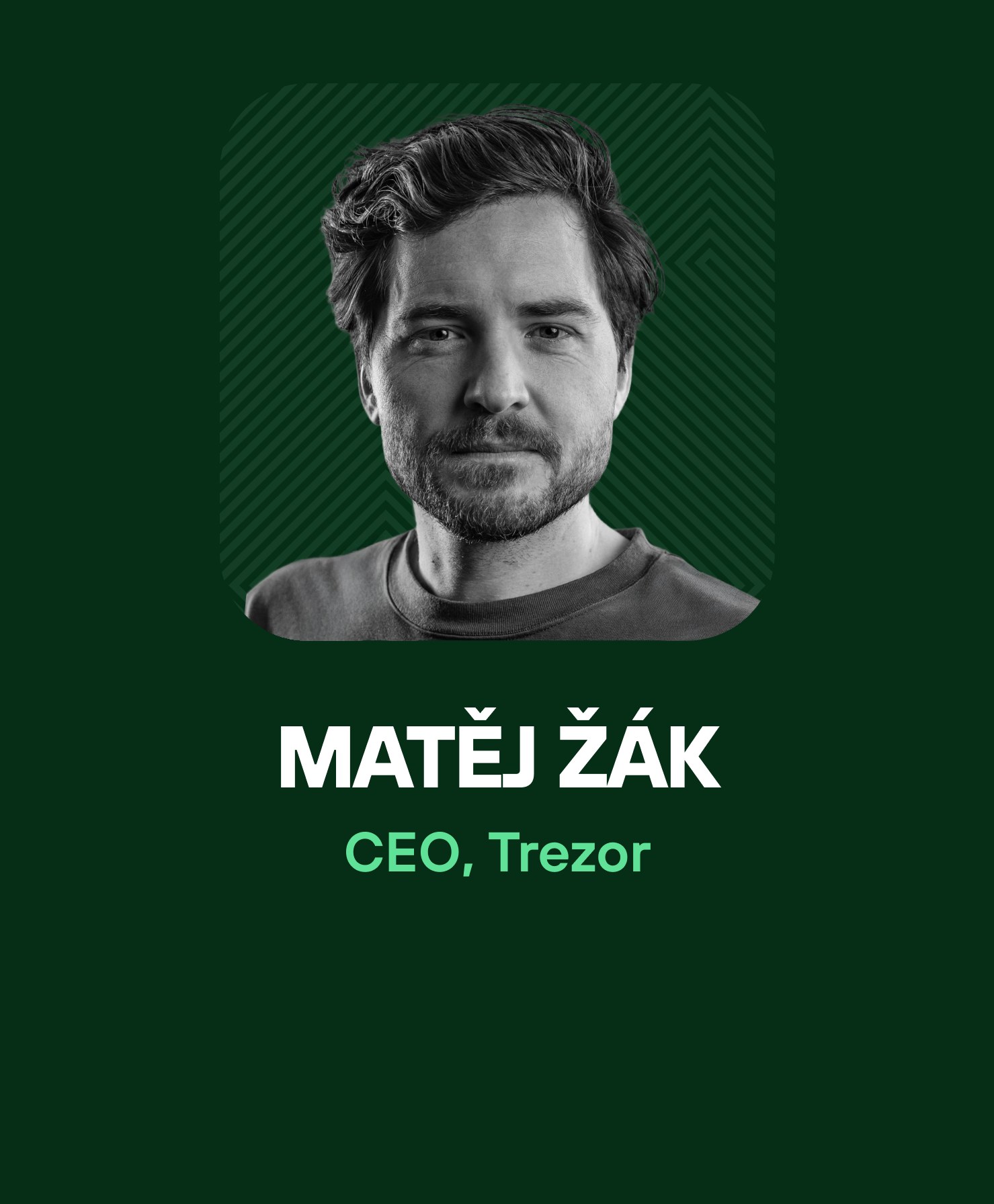Black and white portrait of Matěj Žák on a dark green patterned background