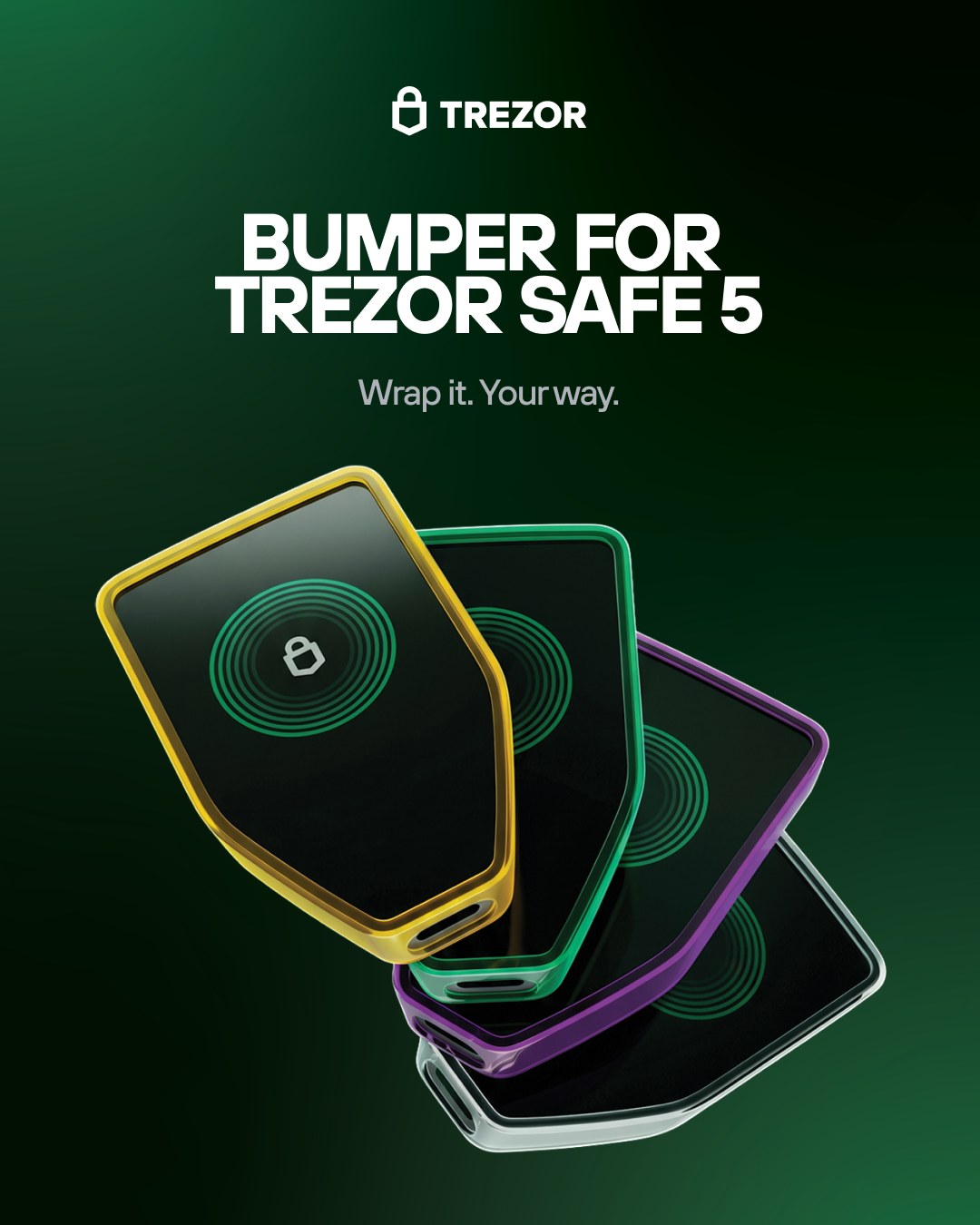 A woman holding a Trezor Safe 7 device up to the camera against a green backdrop, with the headline 'Radical transparency. Total control.'